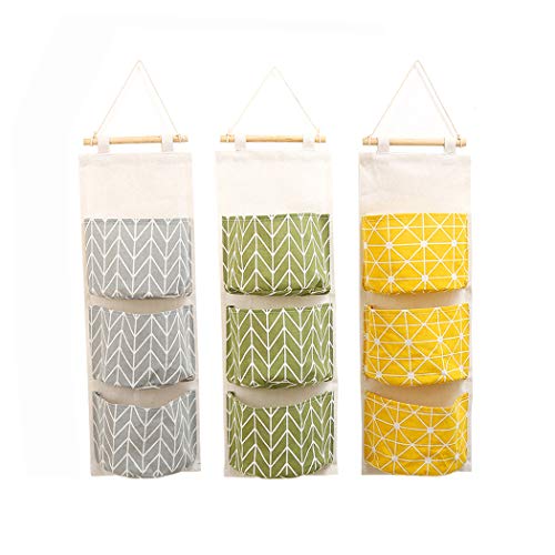 Preisvergleich Produktbild 3 Stücke Mauer Hängend lagerung Tasche, Creatiees Wasserdicht Über Das Tür Wandschrank Veranstalter / Leinen Farbric Hängend Tasche Veranstalter mit 3 Fernbedienung Größe Breite Taschen zum Schlafzimmer, Badezimmer(Gelb + Grau + Grün)