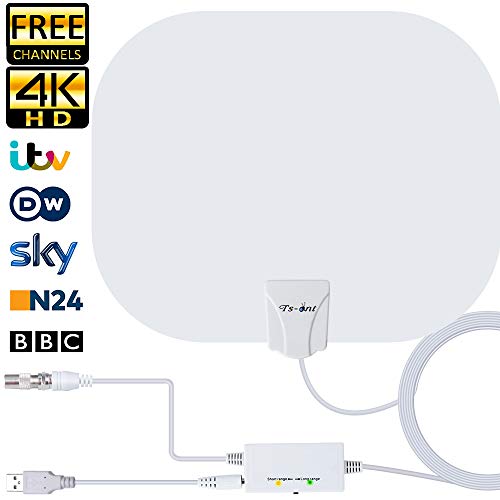 Antena de TV Interior, Oval Negro Antena de TV Digital para Interiores de Alcance de 130KM con Amplificador Inteligente de Señal, Adecuada para Canales de TV Gratis 1080P 4K, Cable Coaxial de 5M