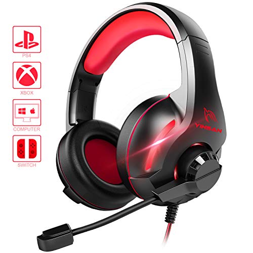 Cuffie Gaming PS4, YINSAN Cuffia da Gioco con Microfono a Cancellazione di Rumore, Controllo del Volume Regolabile, Illuminazione a LED per PC Xbox One Nintendo Switch Tablet Mac Smartphone - Rosso