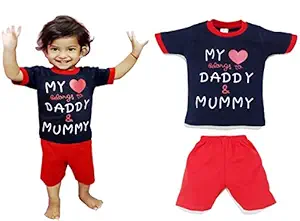 JUSFAB Kidswear Infant Baby Boy Girl Clothes Tshirt Pant Set 100% Cotton Blue Tee Red Bottom 12-18 Months