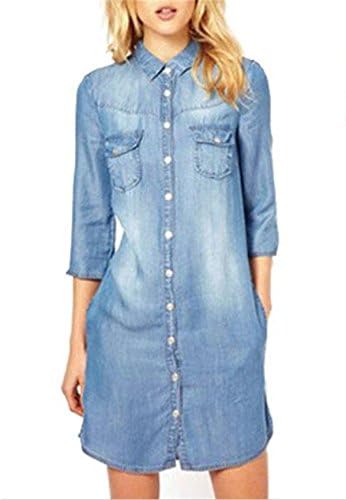 QINGFANG Sexy Women's Denim Shirt Dress Short Sleeve Tops Mini Beach Party Sundress (Blue, 14)
