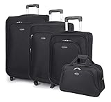 David Jones - Set de 3 Valises Souples 4 Roues + 1 Sac Voyage - Lot Trolley 77 cm Taille Extensible - Bagage à Main Cabine Avion Ryanair Easyjet -Toile Textile Résistant Solide Couleur Uni - Noir