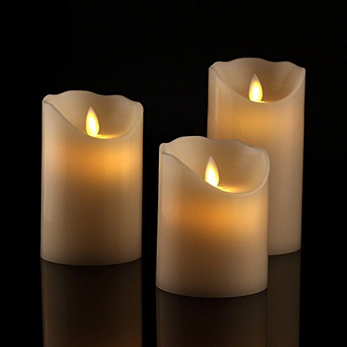 Antizer flammenlose Dekorations-Kerzen-Säulen im 3er Set (10,2cm 12,7cm 15,2cm). Realistisch flackernde LED-Flammen aus Echtwachs in Elfenbeinfarbe. Fernbedienung mit Timer-Funktion für Weihnachten