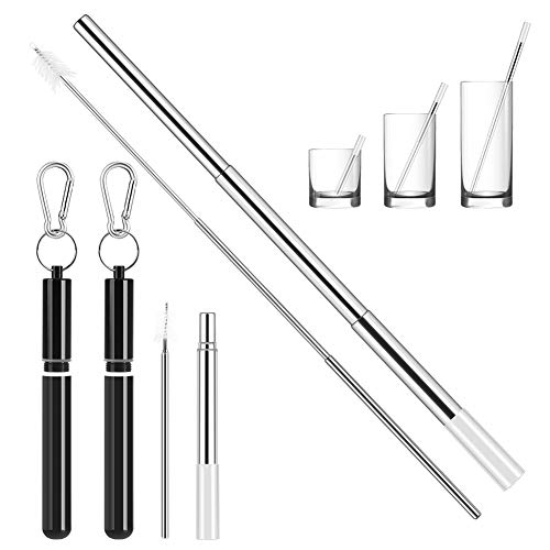 2 Pack Pajitas Reutilizable Plegable, Pajita de Acero Inoxidable Portátil con Cepillo de Limpieza y Mosquetón para Viaje/Hogar/Oficina/Acampada