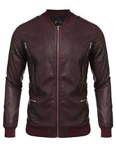 Herren Biker Lederjacke bergangsjacke Kunstleder Motorrad Bomber Jacket Schwarz Weinrot