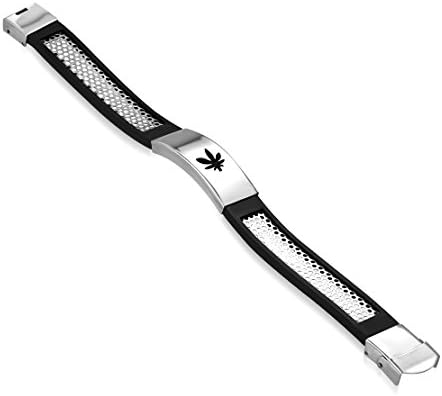 Black Rubber Bracelet with Stainless Steel 2-tone Cut-out Maple/ Marijuana Ganja Leaf Watch-Style Bracelet