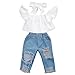 Produktbild Trada 3PC Kinder Baby Mädchen Outfits Leopard Schulterfrei Tops + Loch Jeans + Stirnband Kleidung Kind Baumwolle Strampler T-Shirt + Hose Bodysuit Playsuit Set Sommer Babykleidung (100, Weiß)