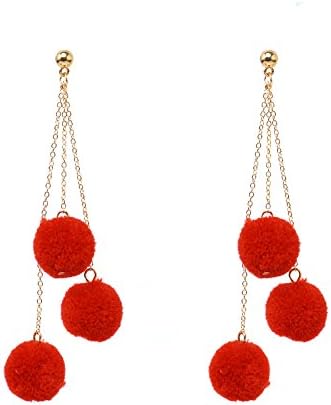 Sunlight House 1Pair 3 Pompoms Plush Ball Multilayer Long Dangle Ear Drop Fashion Women Jewelry (Red)