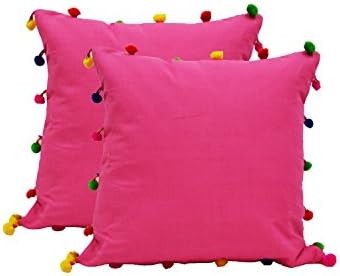 MSP Multicolor PomPom Pink Cotton Cushion Cover-Set Of 2 Throw Pillow Case Sofa Cushion Cover Home Decor