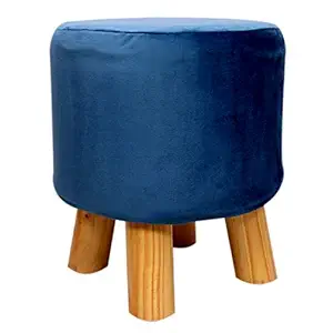 BFAM Store Presents - Padded Soft Round Ottoman Footrest Stool, Soft Velvet Fabric Padded Seat, Pouf Footstool Ottoman with Non-Skid Wooden Legs for Living Room, Bedroom, Kids Room (Blue)