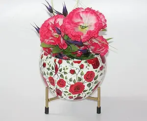 Elegant Crafts India Indoor Plant Pot or Table Planter with Rust Free Metal Stand for Indoor and Outdoor Gardening Plants Pack of 1 Width X Height 06X06 Inches (Red Rose Floral Designs)