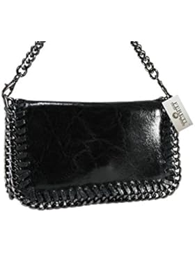 FERETI Schwarz Leder Clutch Tasche umhangetasche Abendtasche Schultertasche mit Kette