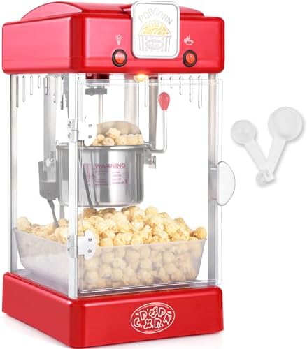 VEVOR Macchina per Popcorn 300 W Peso 3,25 kg Bollitore 0,07 kg Produce 3,78 kg per Lotto, Macchina per Popcorn da Tavolo con Porta, Include 2 Cucchiai Vassoio, Stile Teatro, Rosso