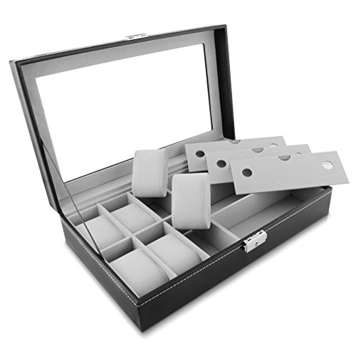 VENKON – 2 in 1 Uhrenbox & Brillenbox mit Schaufenster aus Glas für Aufbewahrung von 6 Uhren & 3 Brillen – Kunstleder Schwarz – 33 x 20 x 8 cm - 7