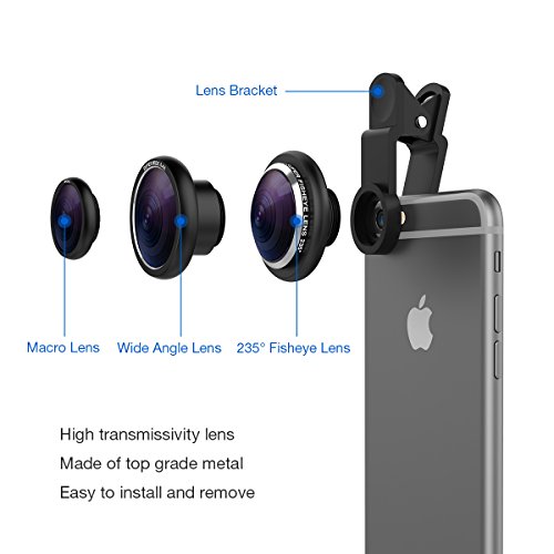 VINSIC Lentes para móviles Kit de Lentes Ojo de pez, Marco y Gran angular 3 en 1 Kit de Lentes Clip-On para iPhone 7/6/6 Plus/5S/5, Samsung Galaxy, Teléfono inteligente