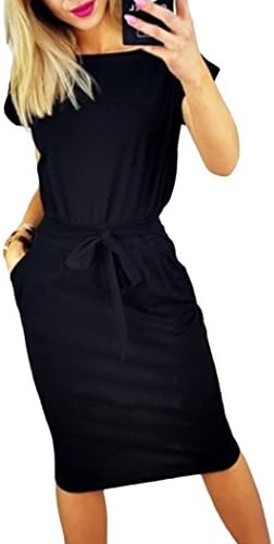 Issza Women's Short Sleeve Simple Dress Pocket Waist Plain Midi Dress