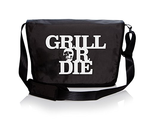 GRILL OR DIE® Grilltasche ★ Messenger Bag schwarz mit weissen Aufdruck in Premium-Qualität ★ BBQ Grill Zubehör passt ideal zu Grillschürze (TASCHE 13", Schwarz)