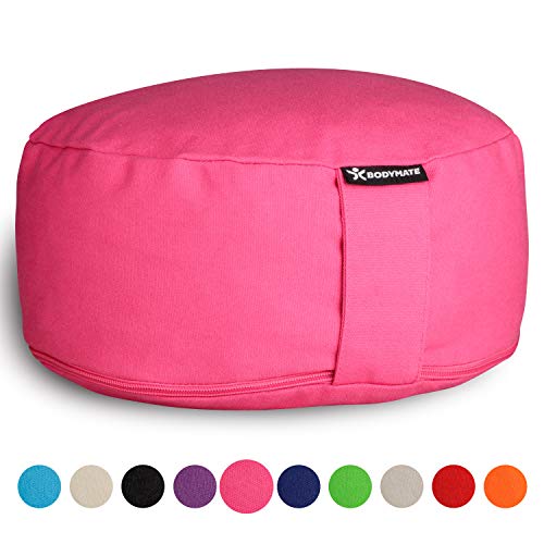 BODYMATE Yogakissen rund 31cm Durchmesser 13cm hoch Pink mit Buchweizen-Spelz Füllung – Maschinenwaschbarer Bezug aus 100% extra Dicker Baumwolle – Meditationskissen – Sitzkissen