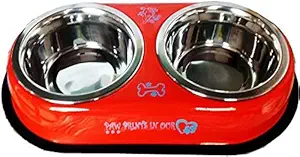 DCM PET Zone Stainless Steel Double Diner Dog and Cat Food Bowls with Anti Slip Mat (Orange, Blue, Army Green, Black 2x400 ml)