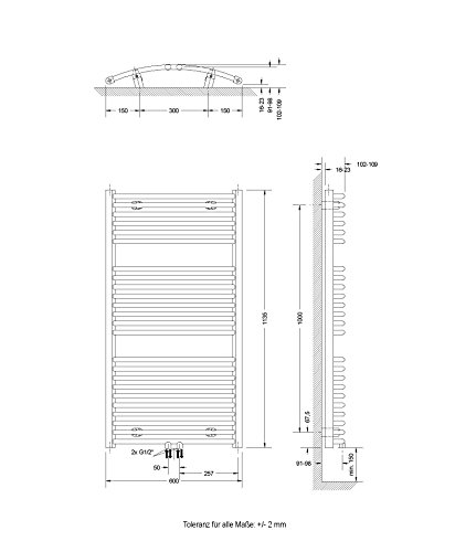 Badheizkörper Mittelanschluss Florenz 113×60 cm Design-Heizkörper Bad gebogen weiß vom Renovierungsprofi, 1 Stück, 4056397001904 - 3
