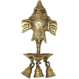 Ganesha Wall Hanging Decor with Three Diyas and Bells Brass Metal Sculpture 9 x 4.25 x 2.5 inches 755 Grams