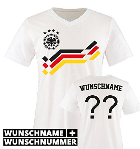 EM 2016 – RETRO-TRIKOT – WUNSCHDRUCK – Herren V-Neck T-Shirt – Weiss / Schwarz-Rot-Gelb Gr. M