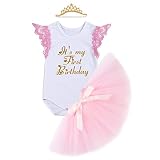 ❤❤ Bebés niñas primer cumpleaños mameluco, falda de tutú rosa con el diadema corona 3pcs trajes, impreso con el patrón de la letra, unicornio, u otros patrones lindos.
