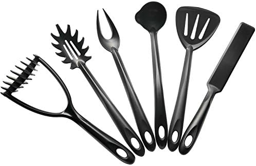 6/Pack Lightweight Sturdy Overseas Design Nylon Integrated Mold Cooking Tool Set, KSENDALO Nylon Utensil Set of Spaghetti Spoon，Soup spoon,Slotted Turner,Trowels,Meat fork and Potato Masher-Non-stick-Heat Resistant &amp; Non Stick,Black