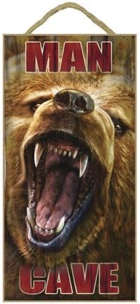 Man Cave (grizzly bear's mouth open) 5 x 10 wood plaque, sign - Features the artwork of JQ Licensing