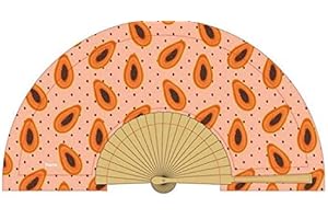 Fisura - Origineller Handfächer mit Papayas Zeichnung. Moderner und lustiger Fächer Rosa und orangefarbener Faltfächer Maße: 42,5 x 23, Material: Holz und Textil.