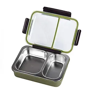 RUMPES 2 Compartment Lunch Tiffin Box for Office, Inner Stainless Steel Lunch Box, 2 Compartment Stainless Steel BPA Free Insulated Lunch/Tiffin Box, Plastic Grid Lunch Box with 2 in 1 Slots Leak Proof Durable Lunch Box (750 ML-Multi)