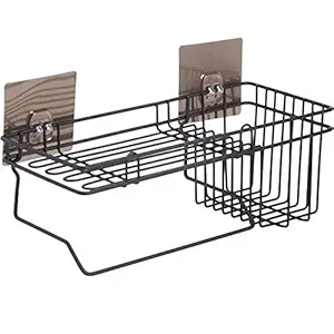 petrickenterprise Self Adhesive Multipurpose Kitchen Bathroom Shelf Wall Holder Storage Rack Bathroom Rack Storage Box Strong Magic Sticker Shower Rack Shelf with Towel Holder, Black Color