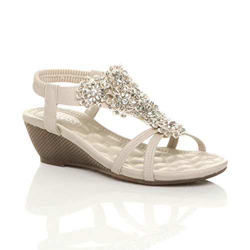 Womens Ladies mid Wedge Heel Flower Diamante t-bar Strappy Slingback Sandals