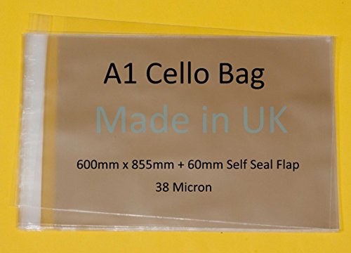 Pack of 200 - A1 - Cellophane Artist Display Bags Self Seal - Cello Size 600mm x 855mm + 60mm Flap - 38 Micron