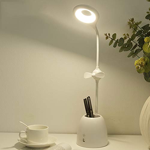 LED Desk Lamp, Pen Holder Fan Dimmable USB Charging Eye-Protection Flicker-Free Non-Glare Reading Table Lamp,B