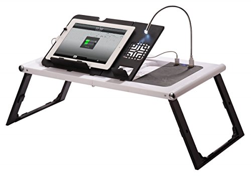 1PLUS mobiler faltbarer Laptopständer Tabletständer E-Book Reader Ständer mit 10.000 mAh Akku Power Bank, LED Leselampe, 2 USB und 1 Mini USB Anschlüssen