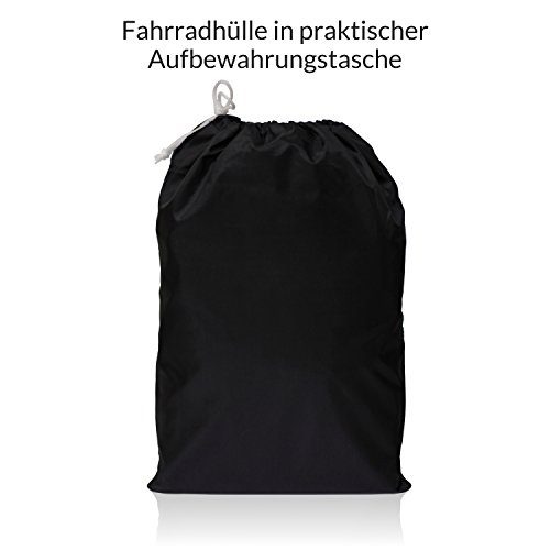 Premium Aveljo Fahrradschutzhülle Pro Schwarz – hochwertige Fahrradabdeckung aus doppeltbeschichtetem Gewebe – inklusive Beutel – perfektes Fahrradzubehör für den Radfahrer von heute – passend für Fahrräder bis 28 Zoll - 5