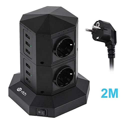Preisvergleich Produktbild Steckdosenleiste Überspannungsschutz Kindersicherung 6 USB Anschlüsse Mehrfachsteckdose mit Schalter Stromsparend Blitzschutz 4-fach Steckdosentower 2500W 15A schwarze Steckdosenleiste 2M Kabellänge, großer Buchsenabstand.