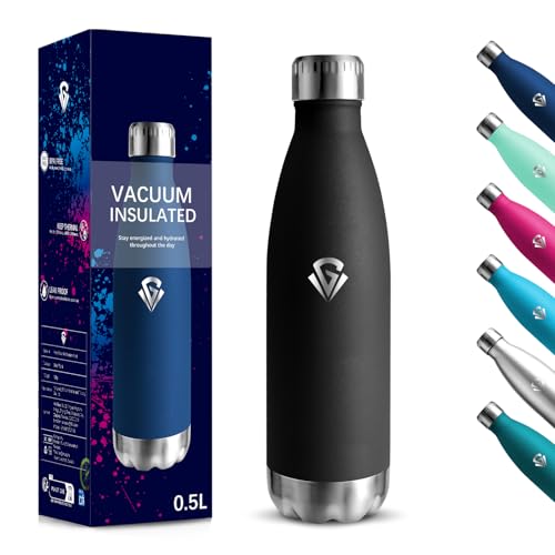 Motswedi Borraccia Termica, 500 ml Senza BPA, Borraccia, 18/8 Acciaio Inossidabile, Borracce Acciaio Inox, Isolamento Sottovuoto a Doppia Parete, Bottiglia Termica per Scuola, Viaggi, Jogging - Nero