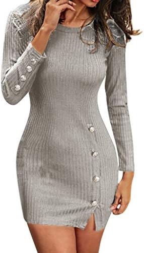 Women Button Sweater Dress Ladies Long Sleeve Solid Color Split Slim Fit Casual Dress
