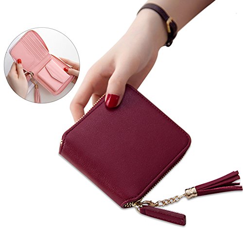 Preisvergleich Produktbild Geldsäckchen Mini Geldbörse Münzbörse Minibörse Schütter Kleingeldbörse Geldbeutel mit vielen Kartenfächern PU Leder Drehertasche Kopfhörer-Tasche Akkutasche Maroon