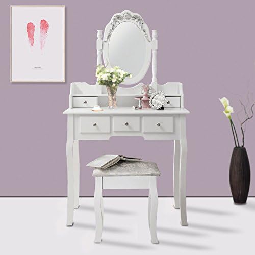 Tedahome Dressing Table Drawer Stool Adjustable Mirror Bedroom Makeup Desk White