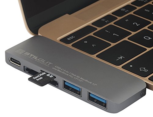 StilGut USB Typ C Hub mit Ladefunktion, Adapter – mit 2-Port USB 3.0, microSD und SD-Kartenleser für Apple MacBook mit USB-C-Anschluss, Space Grey - 4