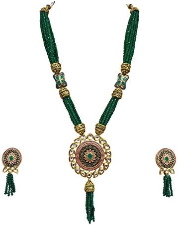Babosa Sakhi Women Eid Gift Jaipuri Quality Kundan Tanjore Green Beaded Long Pendant Set