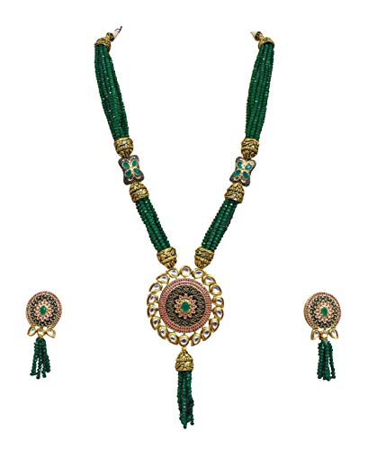 Babosa Sakhi Women Eid Gift Jaipuri Quality Kundan Tanjore Green Beaded Long Pendant Set