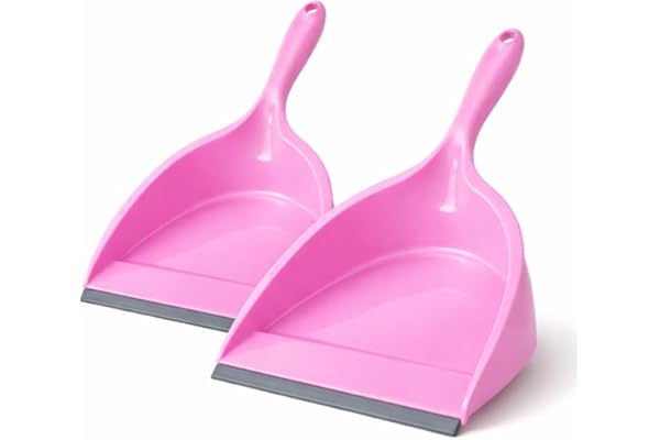 Heavy-Duty Plastic Dustpan with Handle Flexible Rubber Edge Floor Dust Pan for Home, Kitchen & Bathroom Cleaning Lightweight Easy-Grip Dust Pan for Dry Waste, Hair & Dust (Pink Pack of 2)