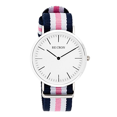 RE:CRON Unisex Armbanduhr Edelstahl 40 mm mit Textilarmband Nylon maritim dunkelblau weiß und rosa RE:CRON Unisex Armbanduhr Edelstahl 40 mm mit Textilarmband Nylon maritim dunkelblau weiß und rosa