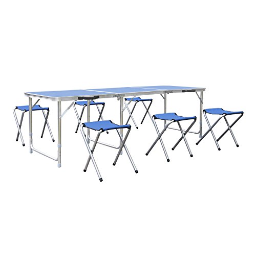 HOMFA 180cm Campingtisch Klapptisch Set mit 6 Klappstühle Aluminium Gartentisch höhenverstellbar Campingmöbel Camp Falttisch Reisetisch blau (Blau, 180cm)
