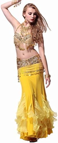 Byjia Sequins Tassels Hanging Currency Egypt India Performing Belly Suit , Yellow , 2
