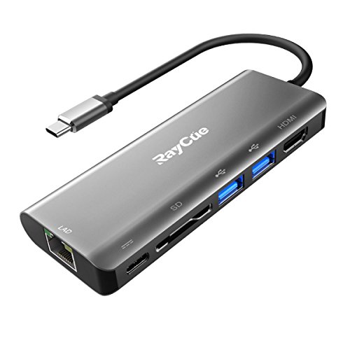 Raycue concentrador multipuerto AV Digital Tipo-C con 4K HDMI, 2 USB 3.0, Lector de Tarjetas SD, USB C Suministro de energía y Adaptador Gigabit Ethernet